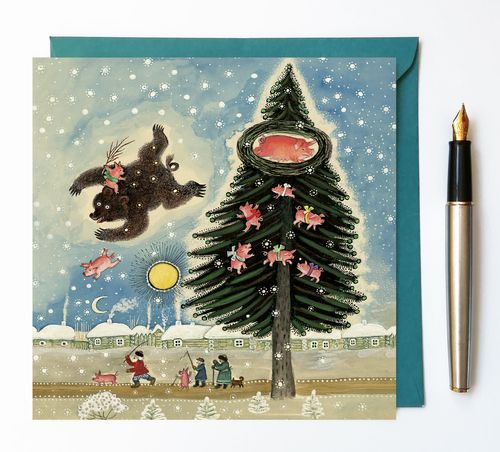 Flying Bear, Nesting Pigs greeting card